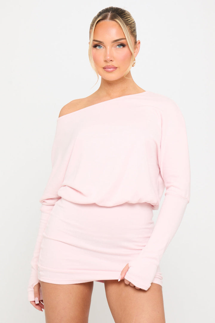 Valantomode | Chic Pink Off Shoulder Knit Mini Dress with Long Sleeves