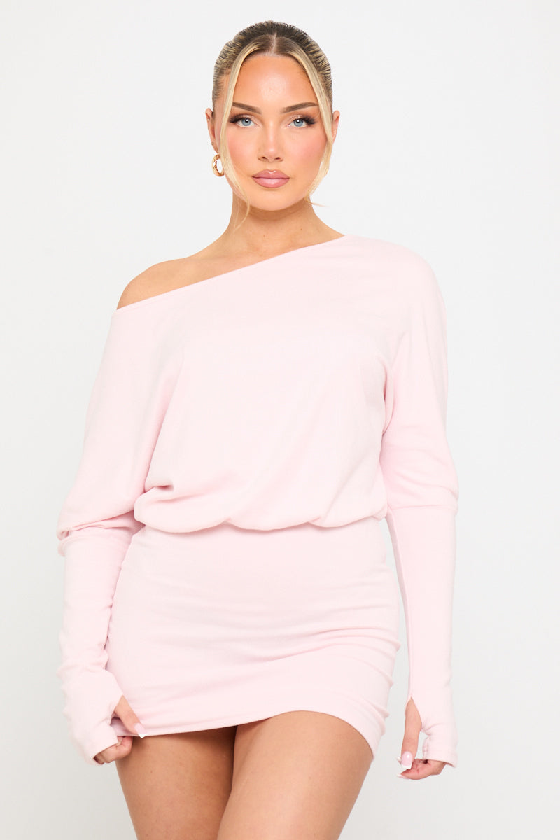 Valantomode | Chic Pink Off Shoulder Knit Mini Dress with Long Sleeves