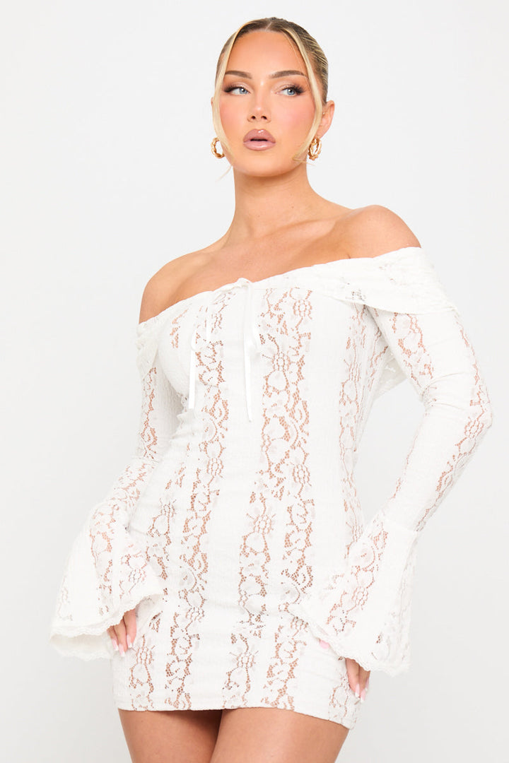 Valantomode | Elegant Cream Floral Lace Off-Shoulder Mini Dress