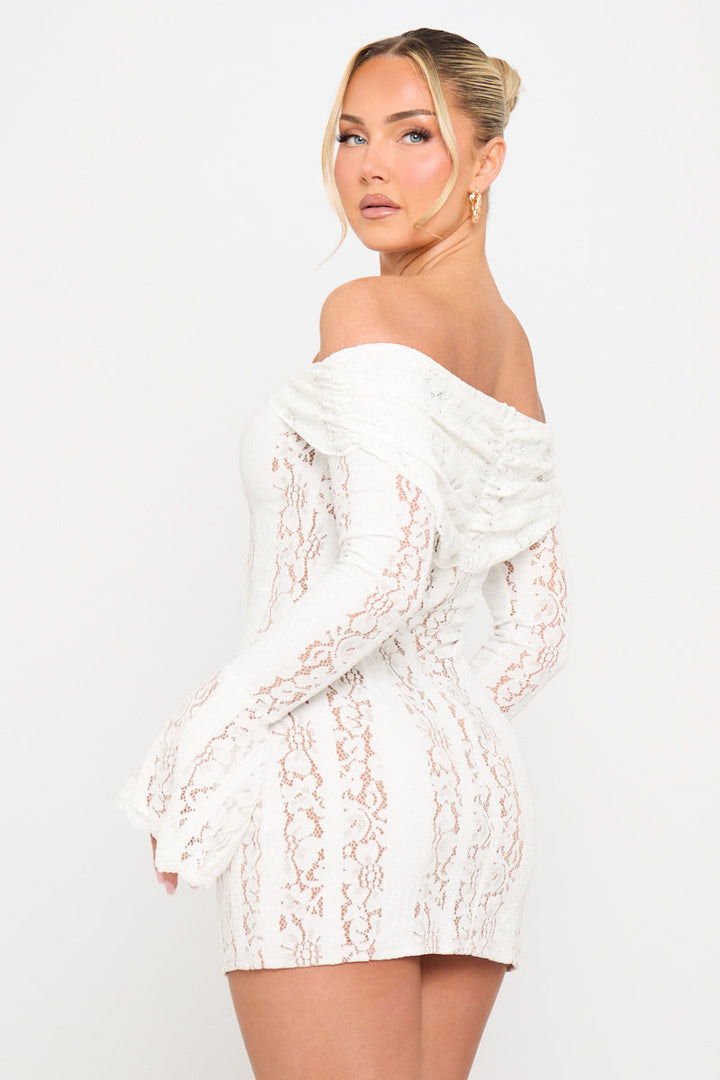 Valantomode | Elegant Cream Floral Lace Off-Shoulder Mini Dress