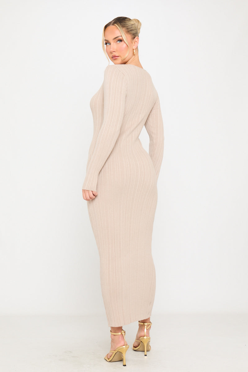 Valantomode | Chic Beige Knit Long Sleeve Maxi Dress for Effortless Style