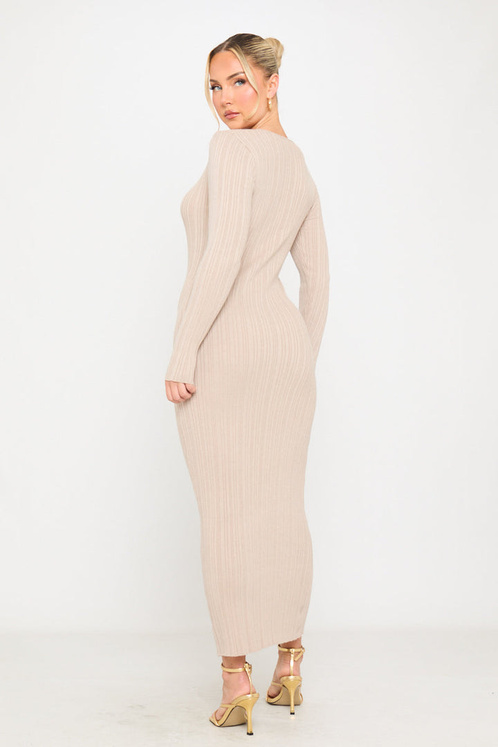 Valantomode | Chic Beige Knit Long Sleeve Maxi Dress for Effortless Style