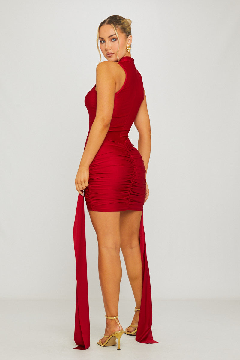Valantomode | Elegant Wine Mini Dress with High Neck & Draped Detail
