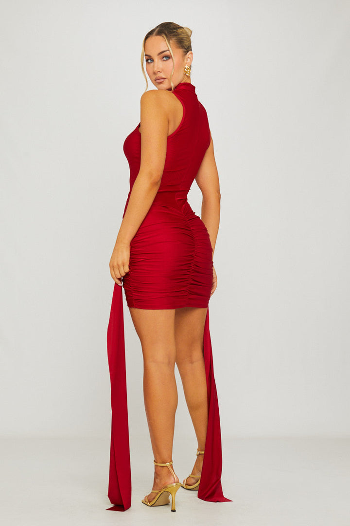 Valantomode | Elegant Wine Mini Dress with High Neck & Draped Detail