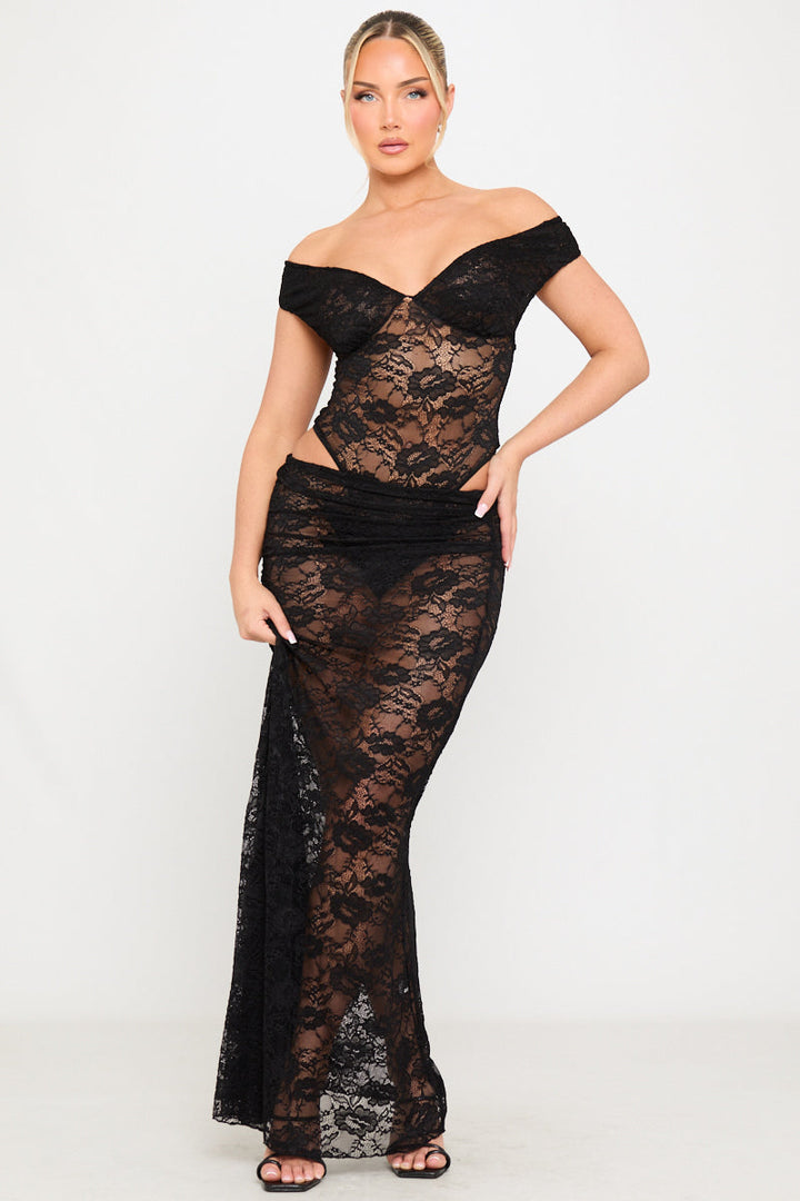 Valantomode | Elegant Black Lace Off-Shoulder Bodysuit & Maxi Skirt Set