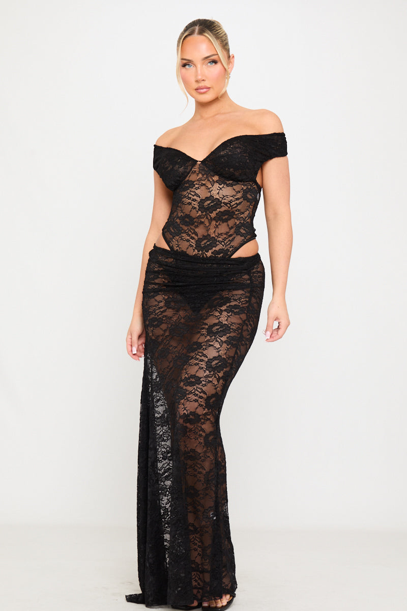 Valantomode | Elegant Black Lace Off-Shoulder Bodysuit & Maxi Skirt Set