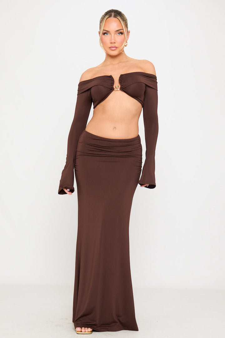 Valantomode | Chic Brown Off-Shoulder Top & Ruched Maxi Skirt Set