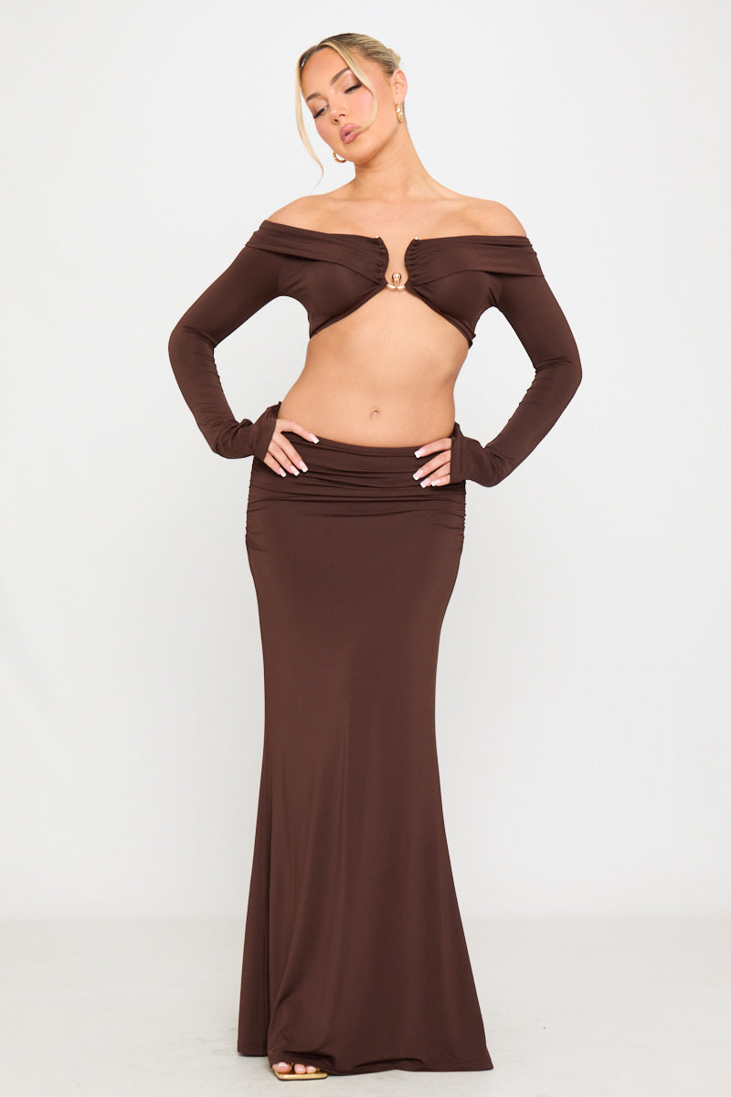 Valantomode | Chic Brown Off-Shoulder Top & Ruched Maxi Skirt Set