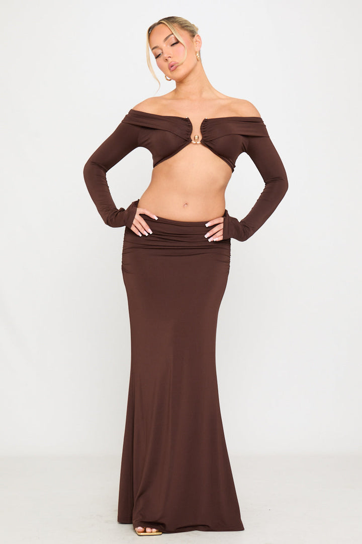 Valantomode | Chic Brown Off-Shoulder Top & Ruched Maxi Skirt Set