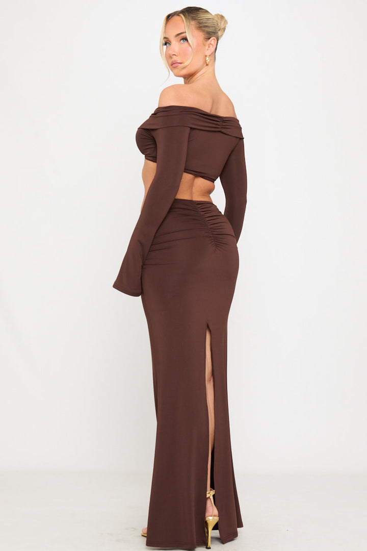 Valantomode | Chic Brown Off-Shoulder Top & Ruched Maxi Skirt Set