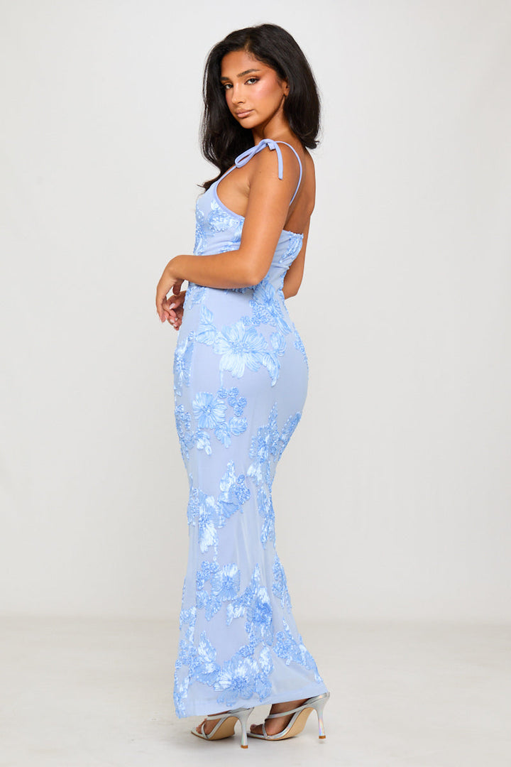 Valantomode | Elegant Blue Floral Maxi Dress with Shoulder Ties