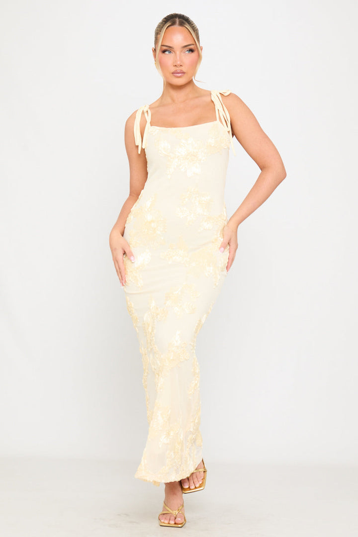 Valantomode | Elegant Cream Floral Maxi Dress with Shoulder Ties