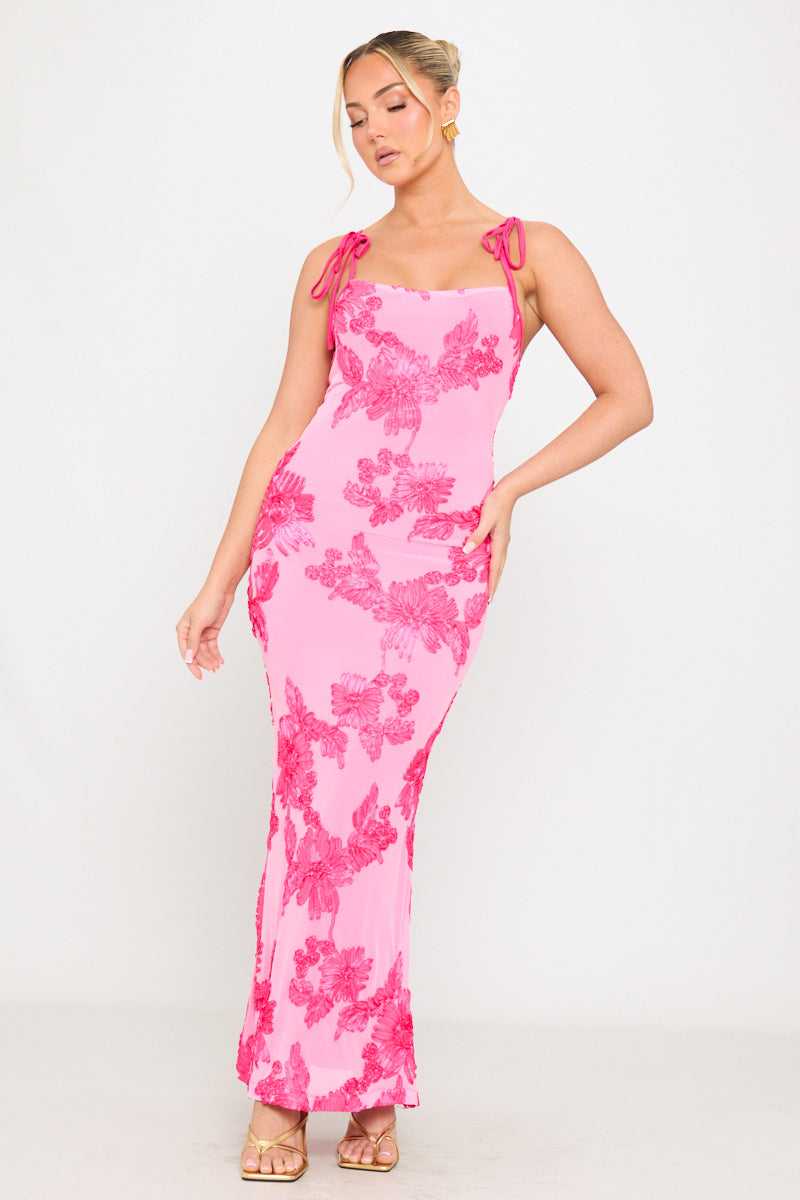 Valantomode | Elegant Pink Floral Maxi Dress with Shoulder Ties