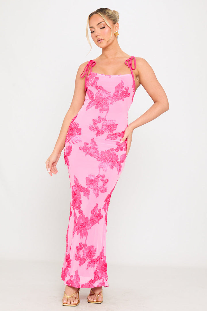 Valantomode | Elegant Pink Floral Maxi Dress with Shoulder Ties