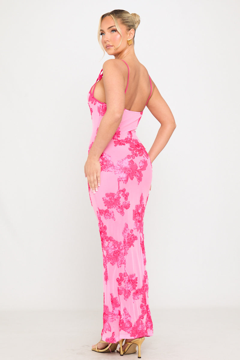 Valantomode | Elegant Pink Floral Maxi Dress with Shoulder Ties