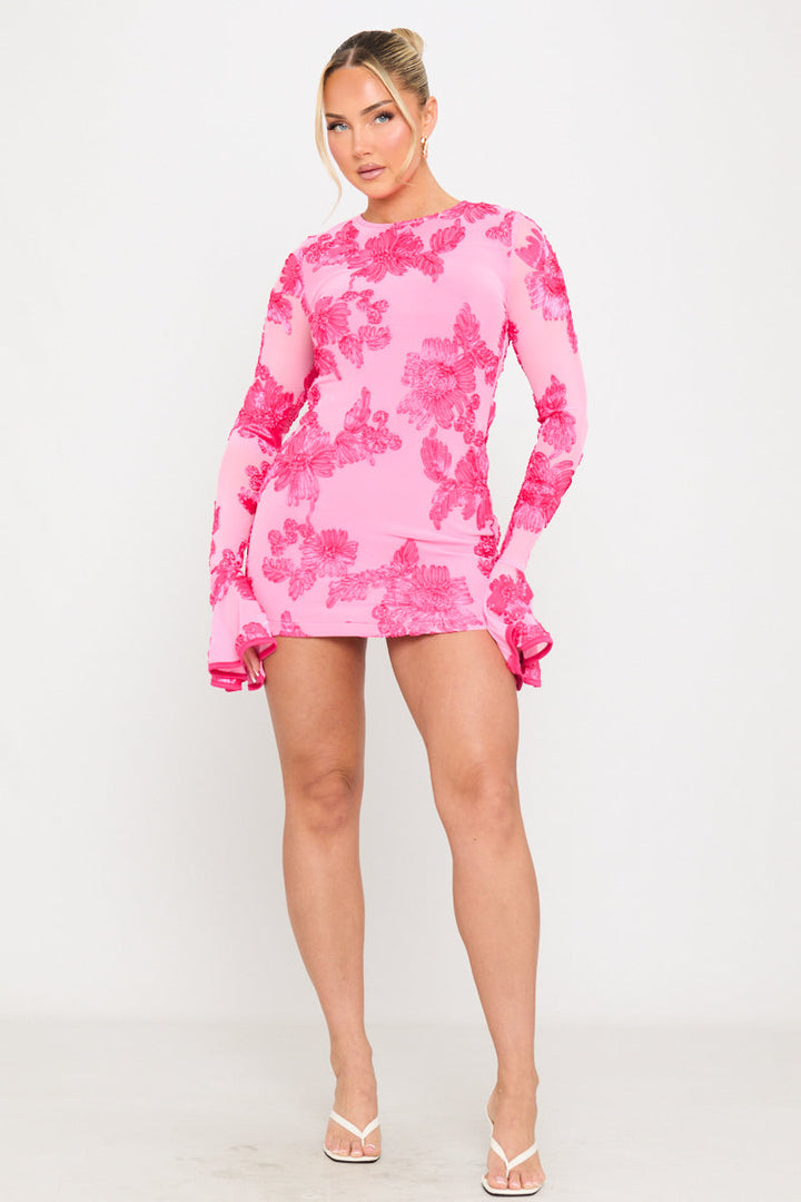 Valantomode | Chic Pink Floral Embroidered Mini Dress with Open Back