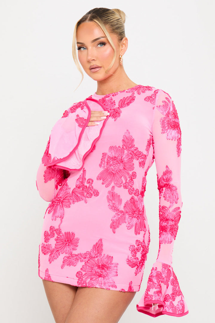 Valantomode | Chic Pink Floral Embroidered Mini Dress with Open Back