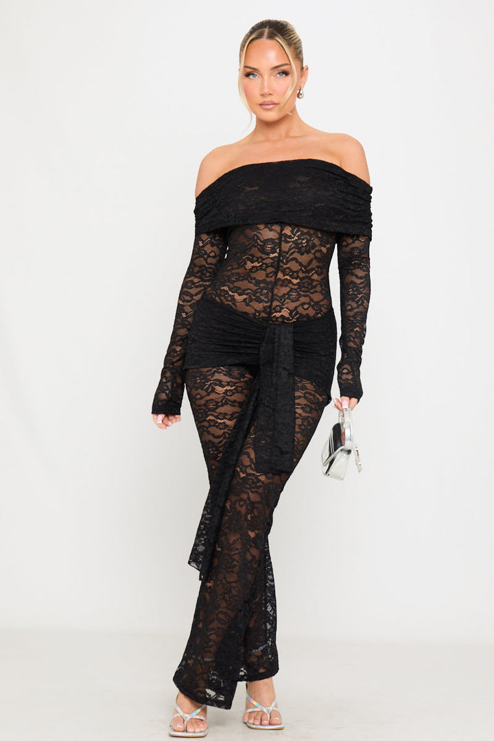 Valantomode | Elegant Black Sheer Lace Off-Shoulder Jumpsuit