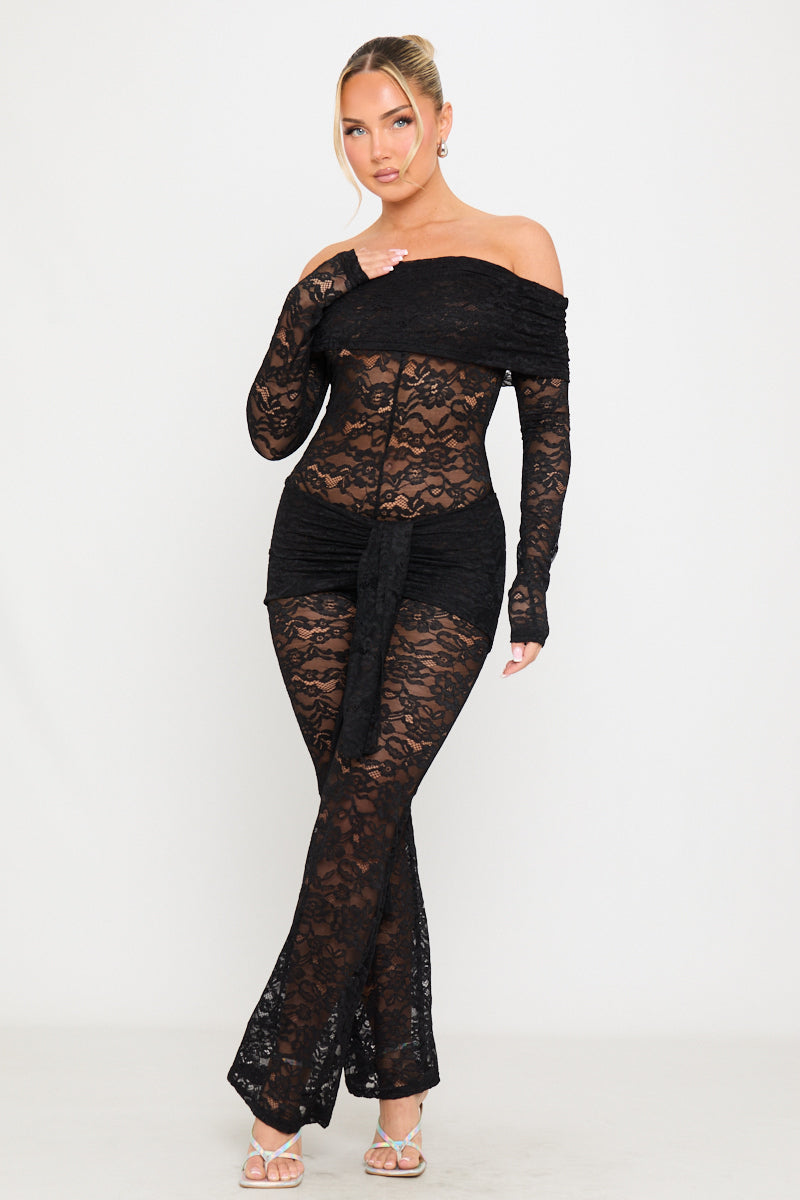 Valantomode | Elegant Black Sheer Lace Off-Shoulder Jumpsuit