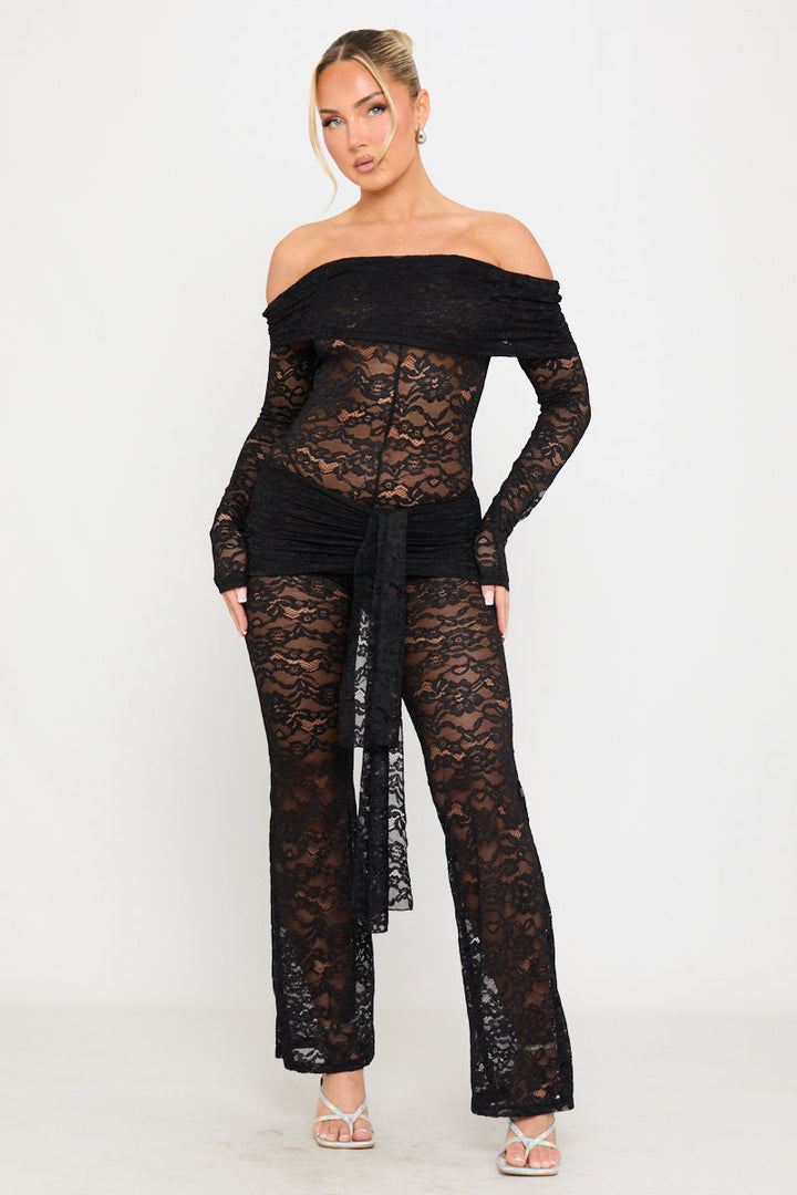 Valantomode | Elegant Black Sheer Lace Off-Shoulder Jumpsuit