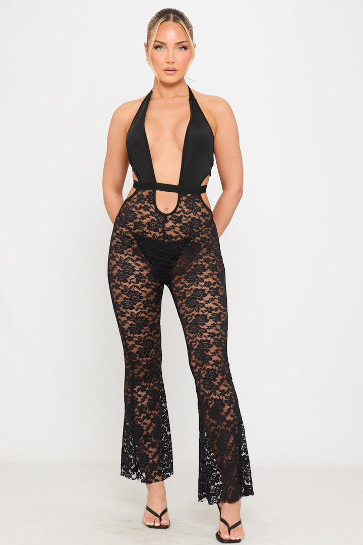 Valantomode | Elegant Black Sheer Lace Halterneck Flare Jumpsuit