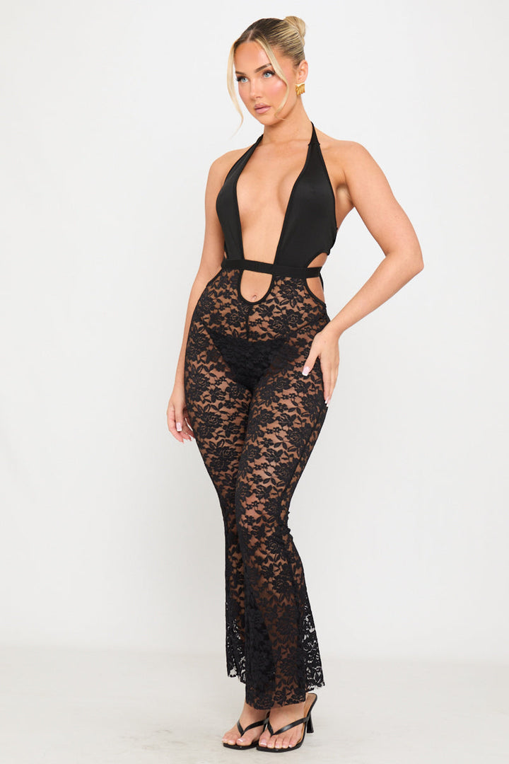 Valantomode | Elegant Black Sheer Lace Halterneck Flare Jumpsuit