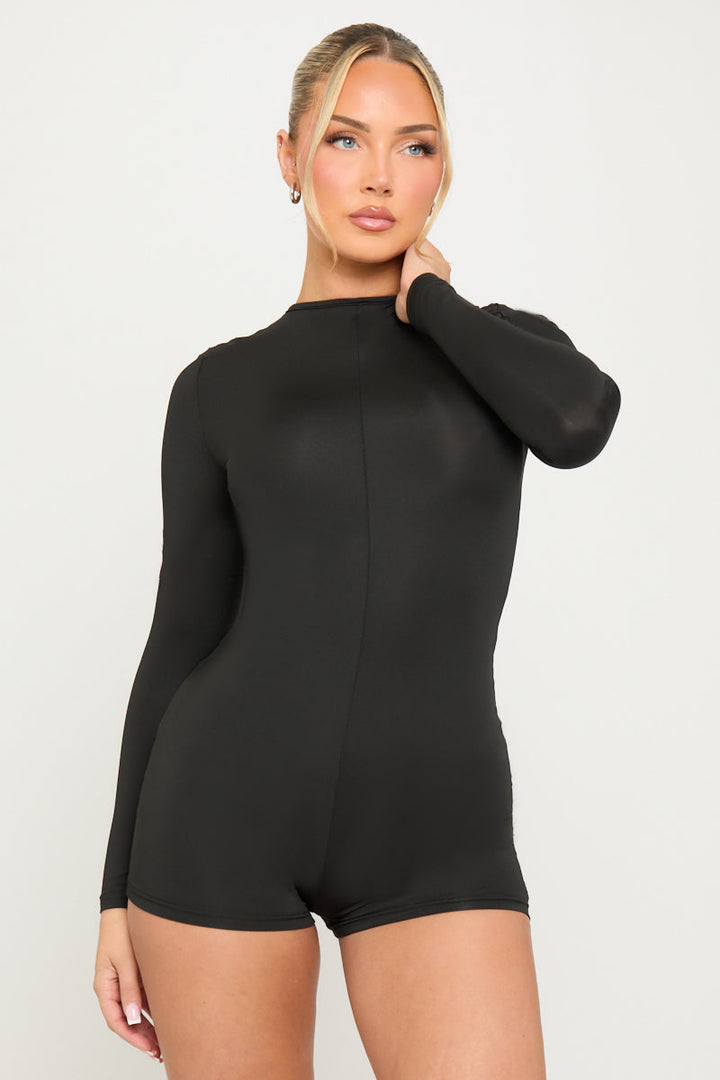 Valantomode | Chic Black Long Sleeve Zip Front Playsuit for Effortless Style