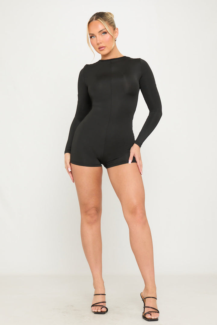 Valantomode | Chic Black Long Sleeve Zip Front Playsuit for Effortless Style