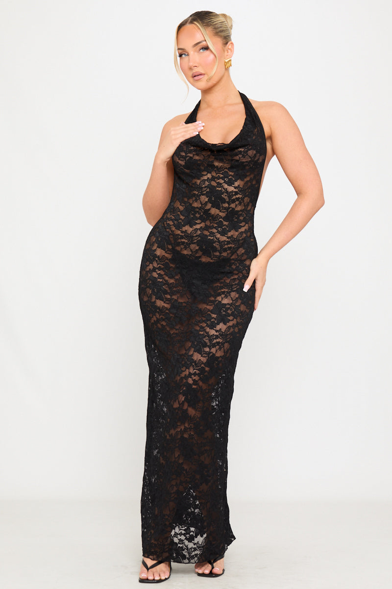 Valantomode | Elegant Black Sheer Lace Backless Maxi Dress