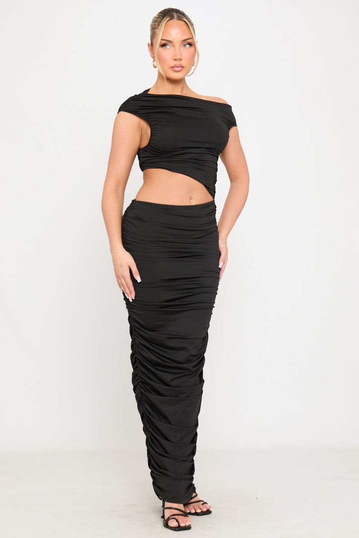 Valantomode | Elegant Black One Shoulder Cut Out Maxi Dress