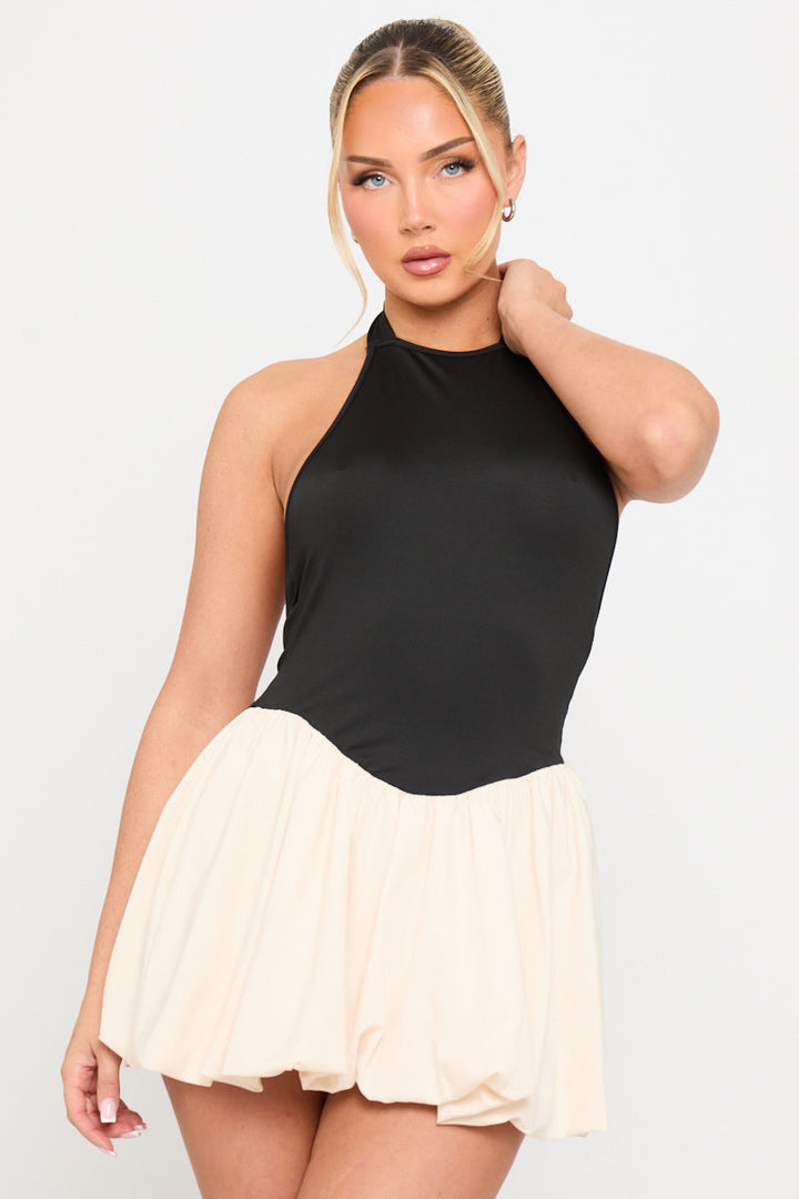Valantomode | Chic Black Backless Puffball Mini Dress with Contrast Waist