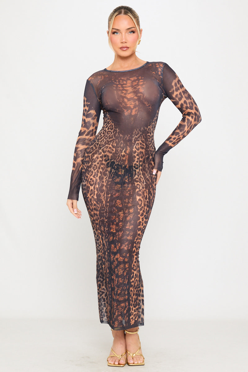Valantomode | Chic Leopard Print Sheer Maxi Dress with Long Sleeves