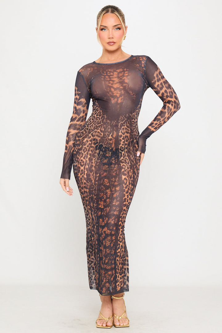 Valantomode | Chic Leopard Print Sheer Maxi Dress with Long Sleeves