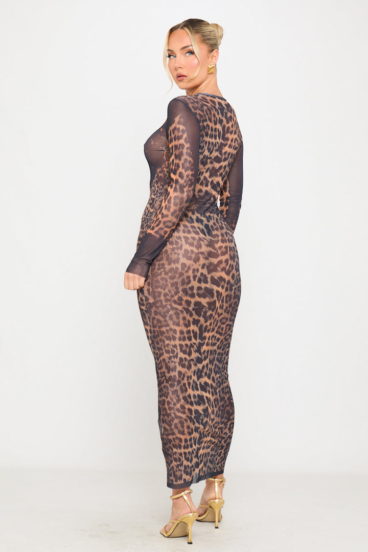 Valantomode | Chic Leopard Print Sheer Maxi Dress with Long Sleeves