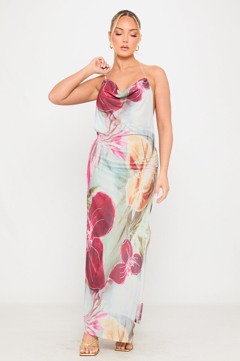 Valantomode | Backless Floral Chiffon Maxi Dress with Multi Beads