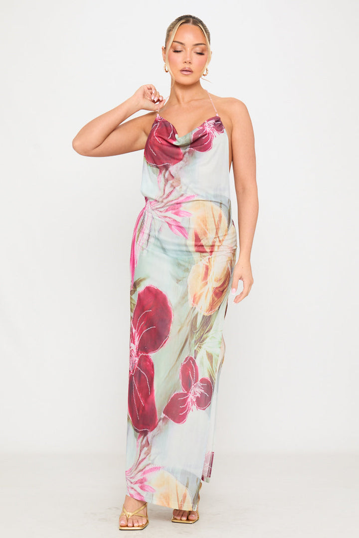 Valantomode | Backless Floral Chiffon Maxi Dress with Multi Beads