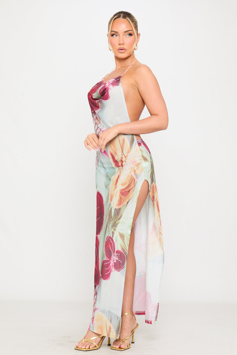 Valantomode | Backless Floral Chiffon Maxi Dress with Multi Beads