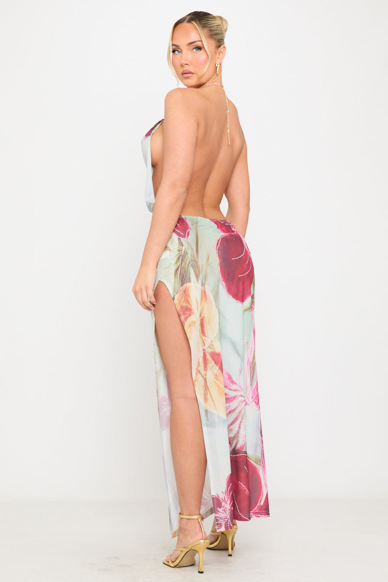 Valantomode | Backless Floral Chiffon Maxi Dress with Multi Beads