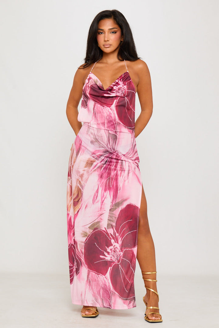 Valantomode | Chic Pink Floral Backless Chiffon Maxi Dress