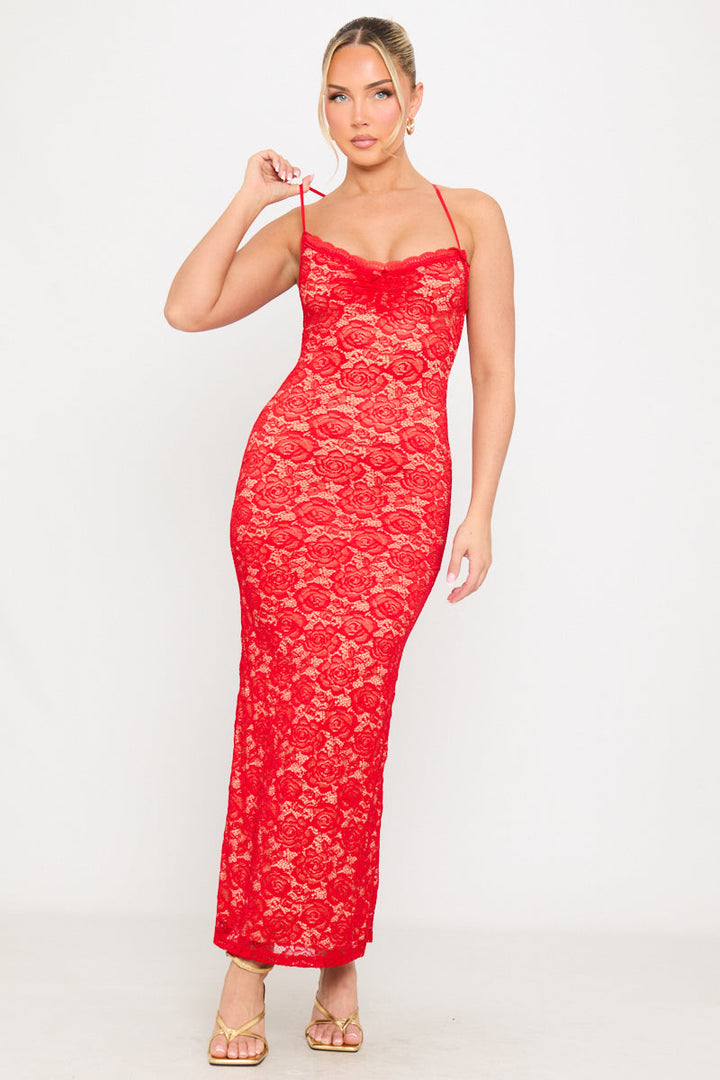 Valantomode | Red Lace Sweetheart Bodycon Maxi Dress with Strappy Detail