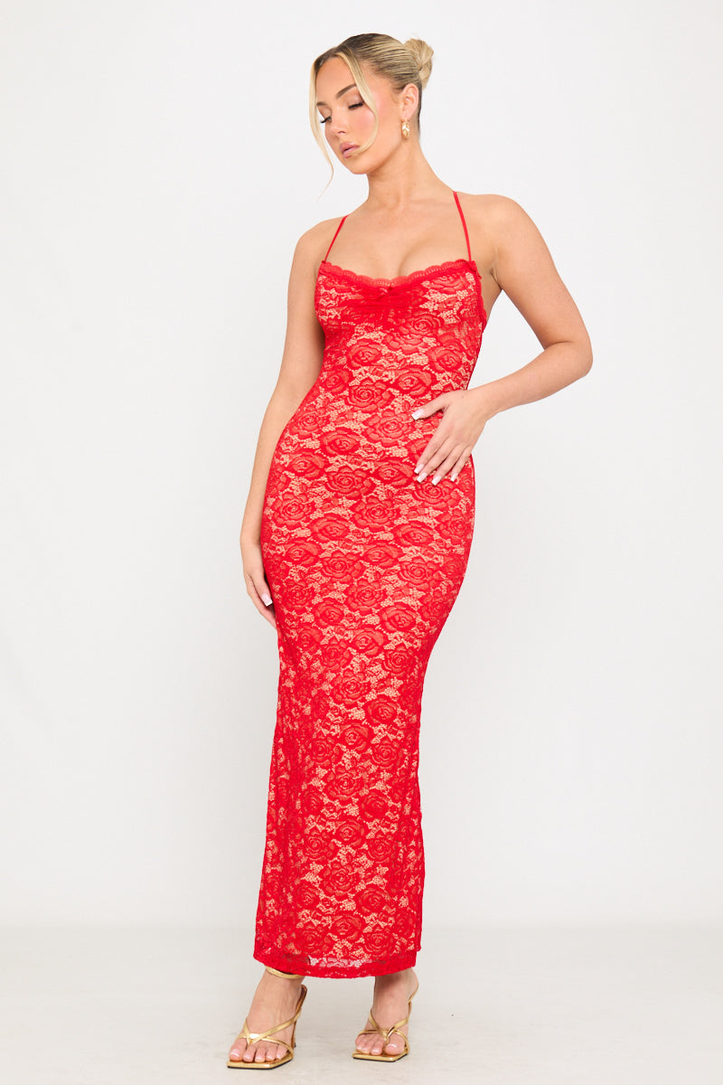 Valantomode | Red Lace Sweetheart Bodycon Maxi Dress with Strappy Detail