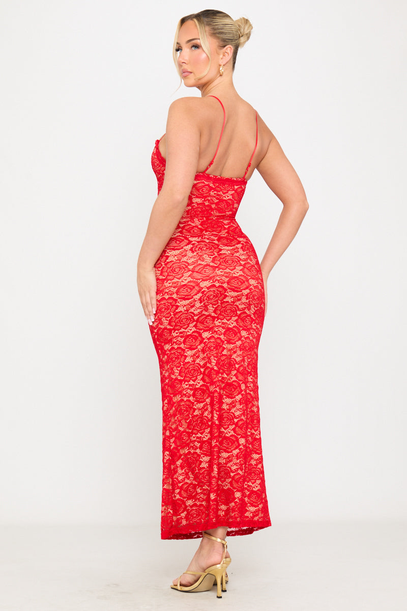 Valantomode | Red Lace Sweetheart Bodycon Maxi Dress with Strappy Detail
