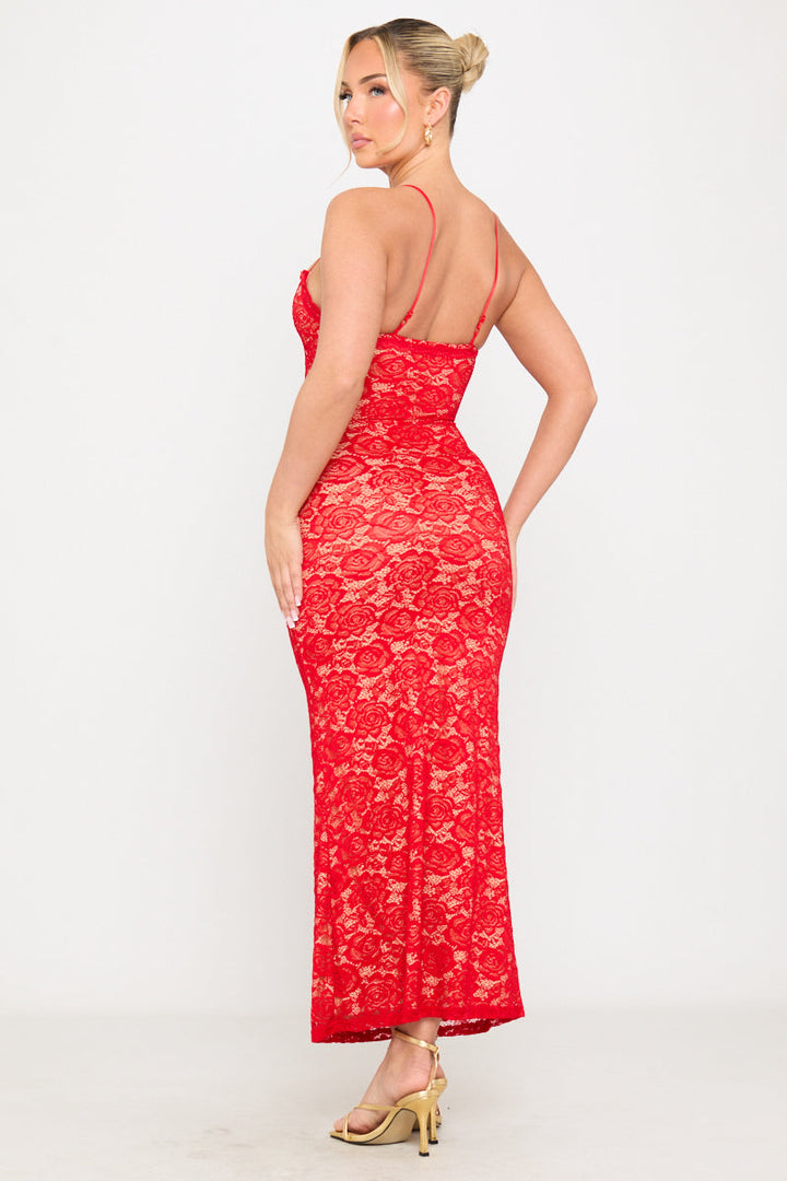 Valantomode | Red Lace Sweetheart Bodycon Maxi Dress with Strappy Detail
