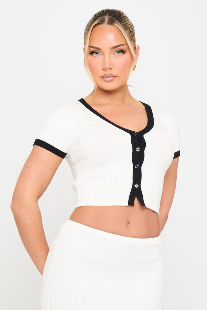 Valantomode | Chic White Rib Knit Top & Midi Skirt Set