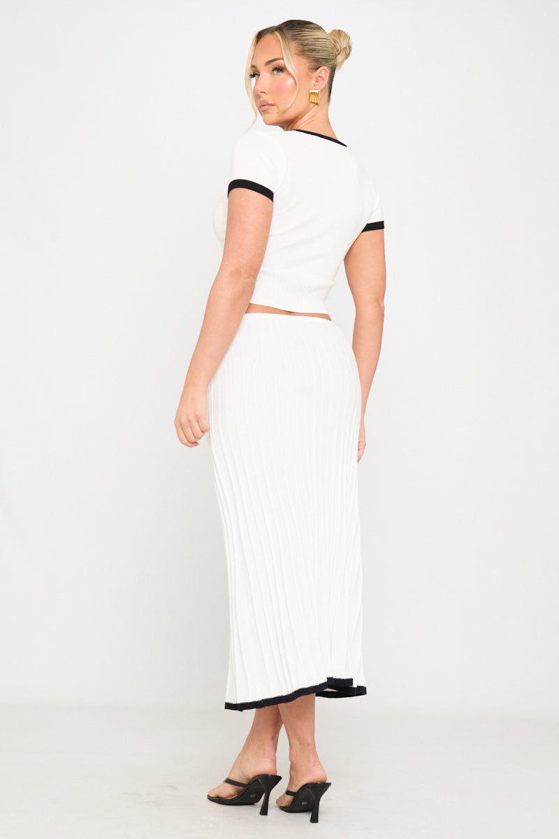 Valantomode | Chic White Rib Knit Top & Midi Skirt Set