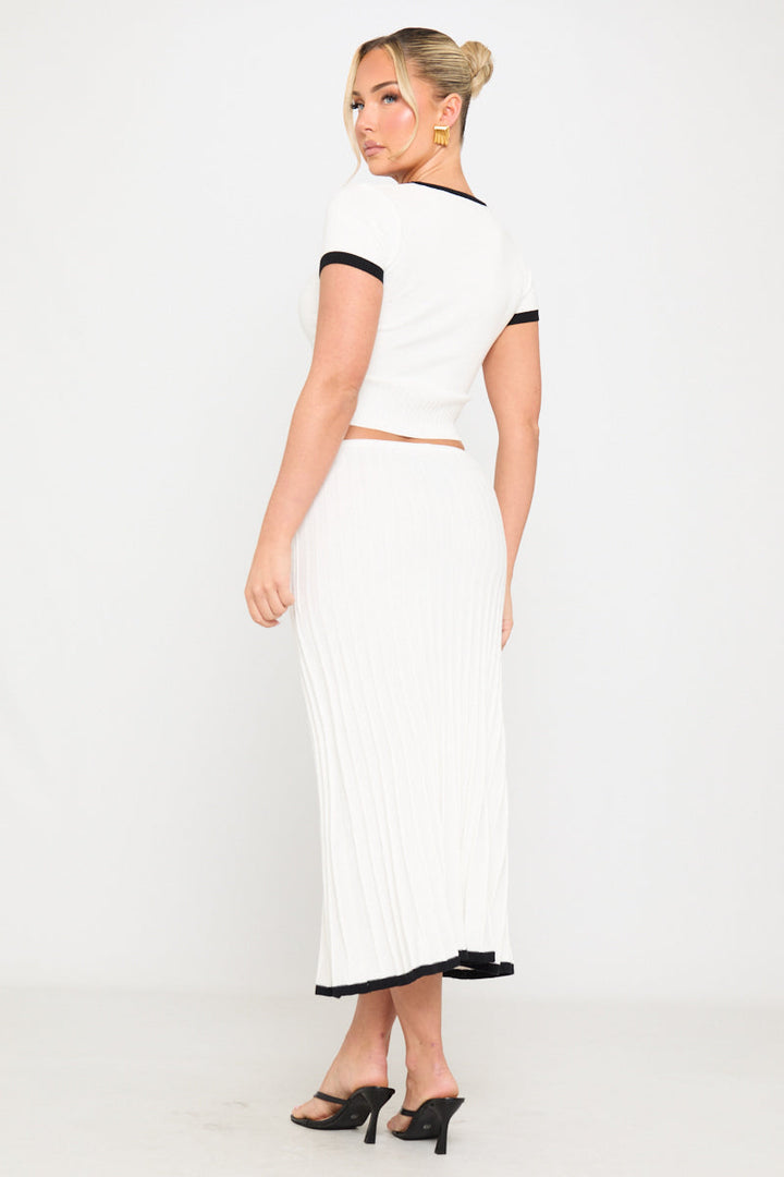 Valantomode | Chic White Rib Knit Top & Midi Skirt Set