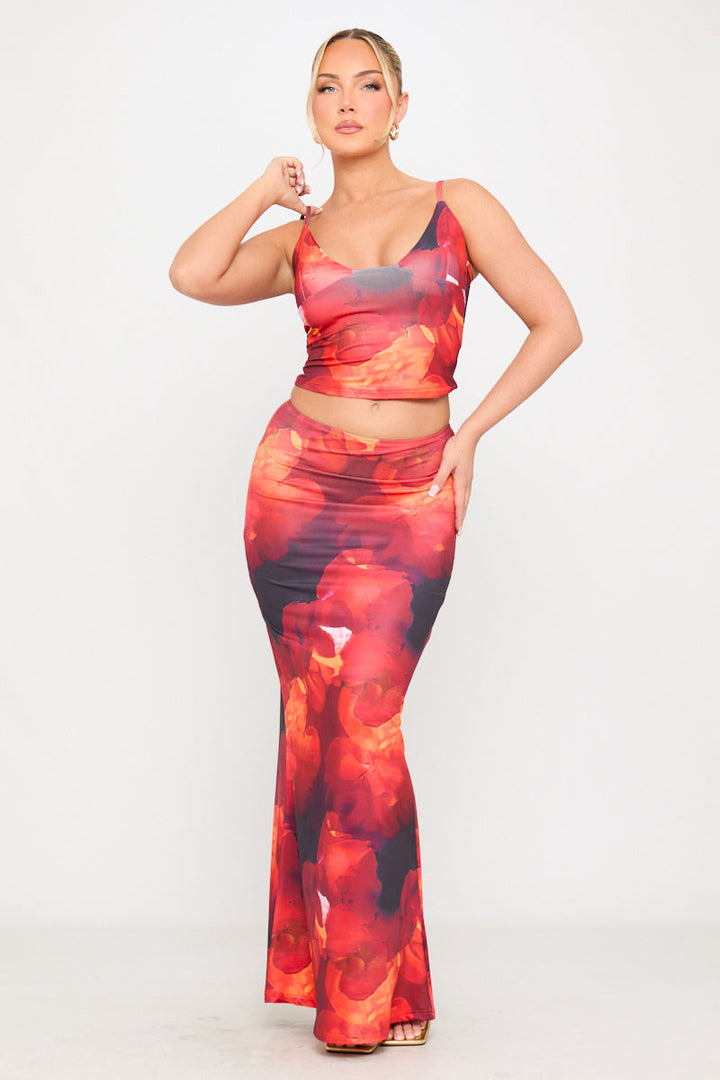 Valantomode | Chic Red Floral Strappy Top & Maxi Skirt Set