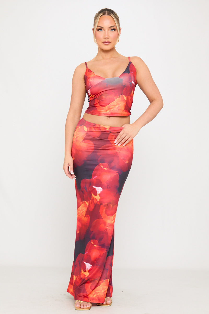 Valantomode | Chic Red Floral Strappy Top & Maxi Skirt Set