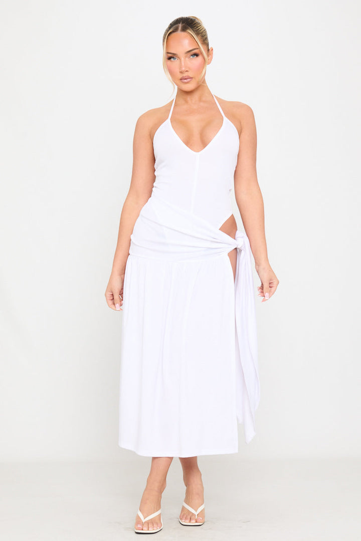 Valantomode | Chic White Plunge Bodysuit & Tie Maxi Skirt Set