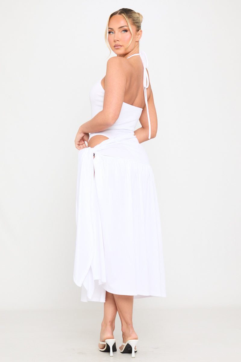 Valantomode | Chic White Plunge Bodysuit & Tie Maxi Skirt Set